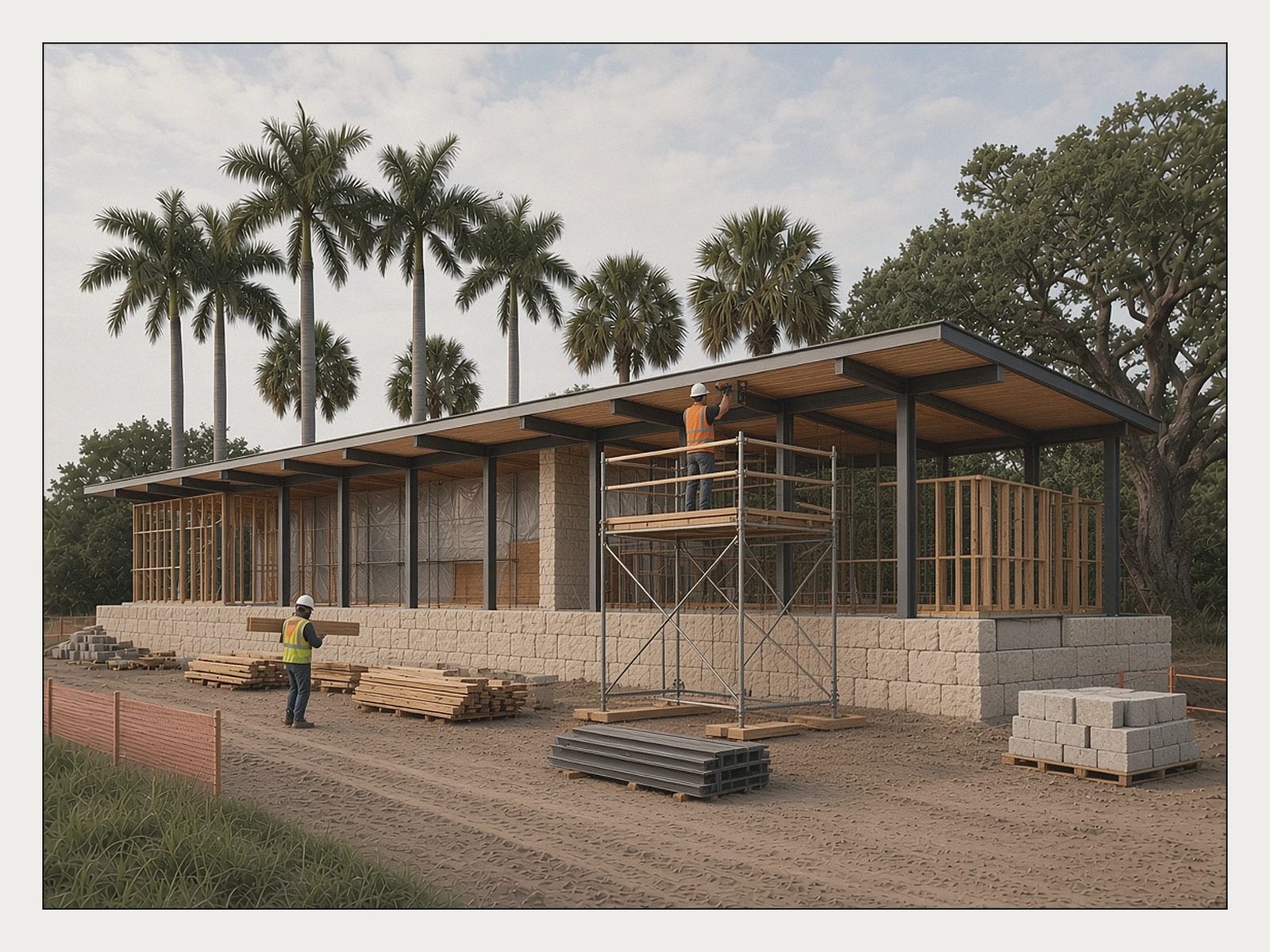build: the residence on site at week 23, roof deck going on