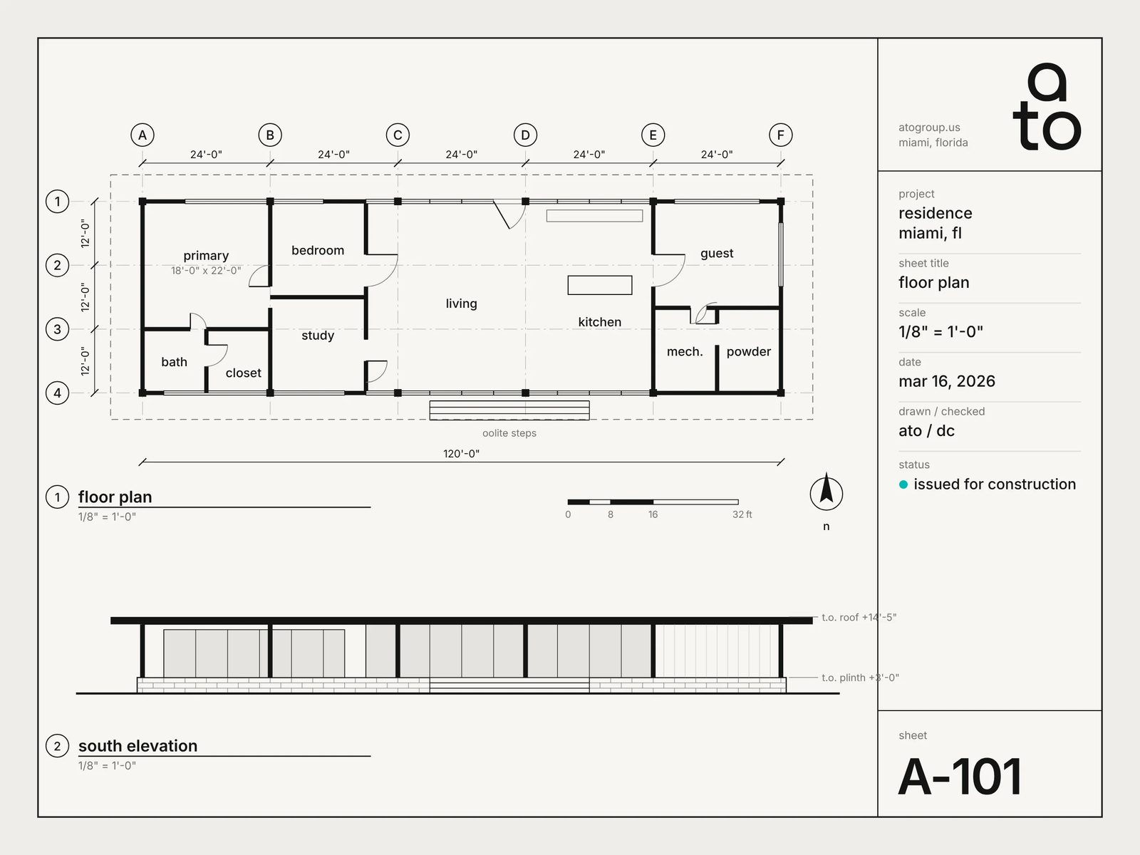 design: construction drawing sheet a-101, floor plan and south elevation