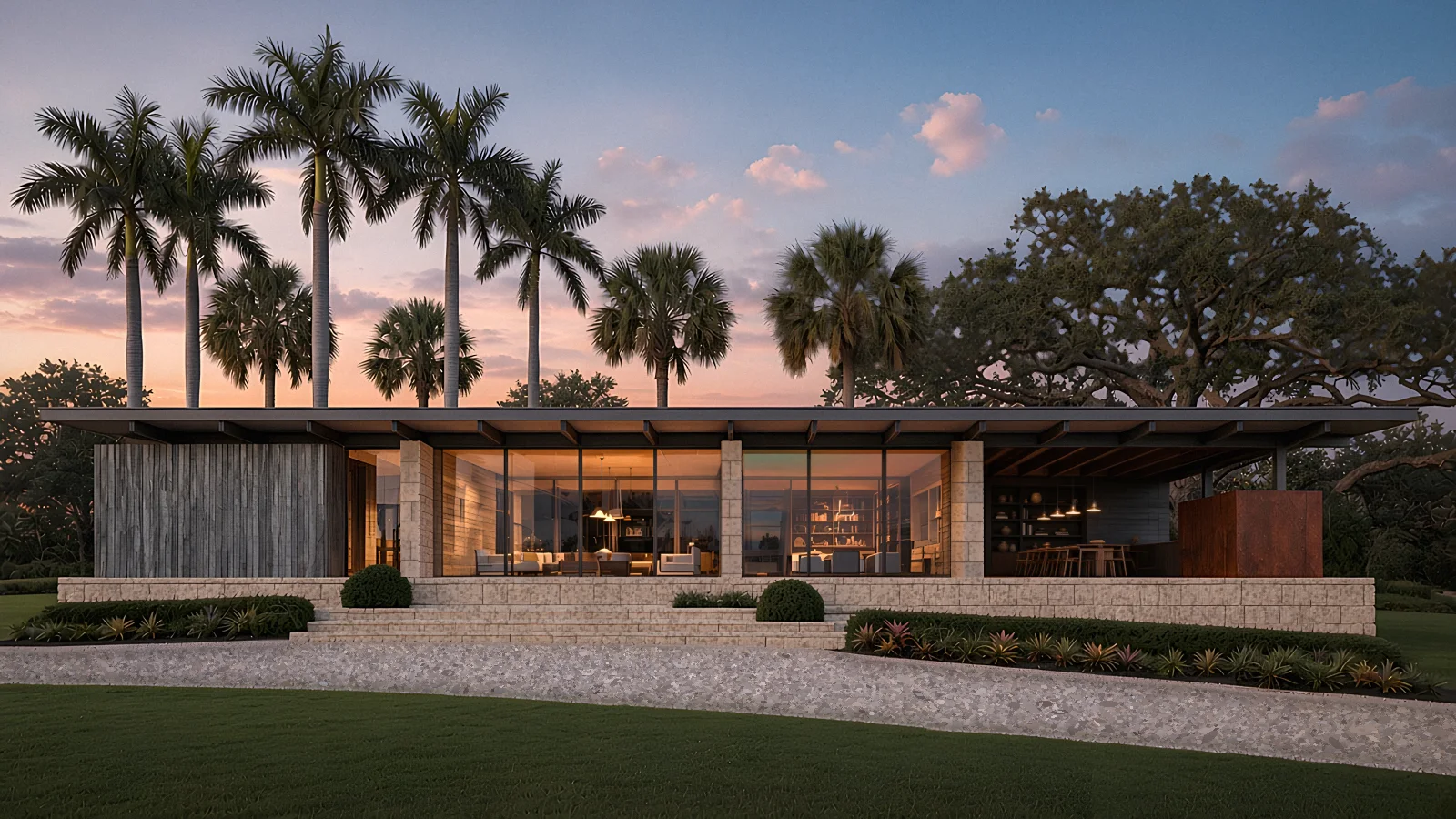 pavilion residence, miami, fl — low modern house at dusk