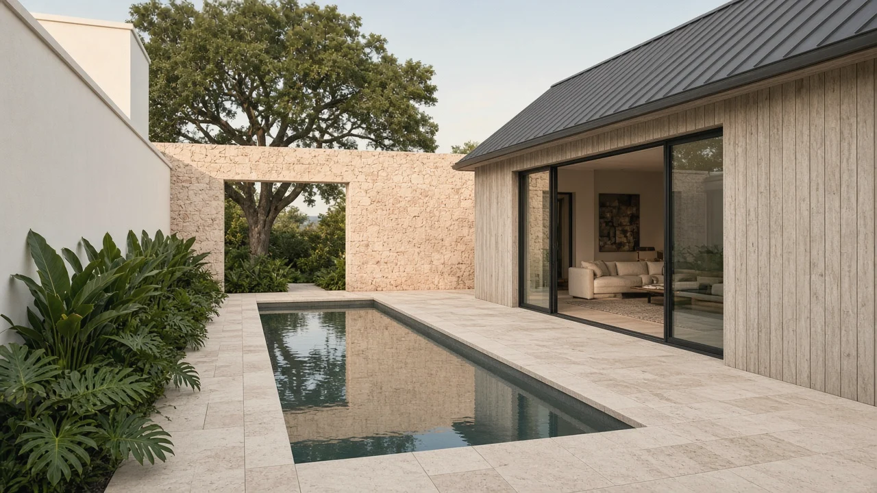 courtyard house, coral gables, fl — lap pool, timber-clad wing and coral stone wall
