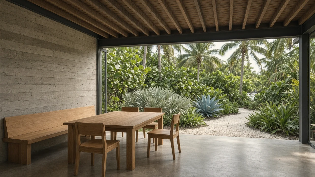 garden studio, key biscayne, fl — open timber pavilion facing a tropical garden